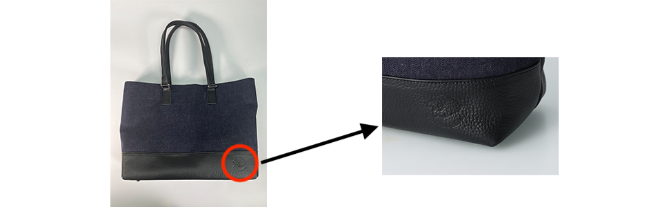 トートバックの下が本革製のレザーでできていて右下はライオンズのロゴが入っている。周りはデニムで作られており、マチは肩にかけられるくらい長さ。色は本革製部分が黒、デニム部分が紺色