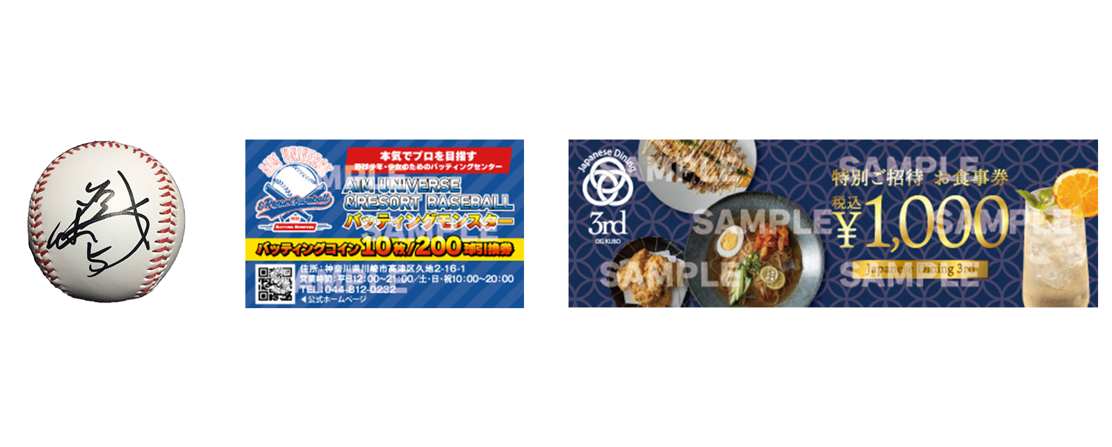 左から選手直筆サイン入りボール、バッティングコイン10枚/200球引換券、特別お食事券税込1000円