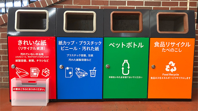 左から赤色の紙専用のゴミ箱、青色の紙パック・プラスチック専用のゴミ箱、緑色のペットボトル専用のゴミ箱、オレンジ色の食品リサイクルのゴミ箱
