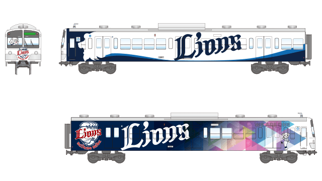 ライオンズカラーにラッピングされた西武鉄道101系車両の画像②