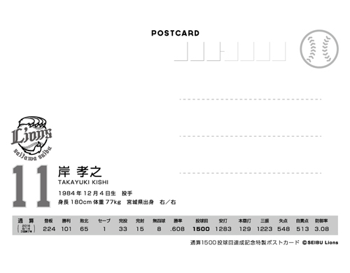 通算1,500投球回達成記念 特製ポストカード