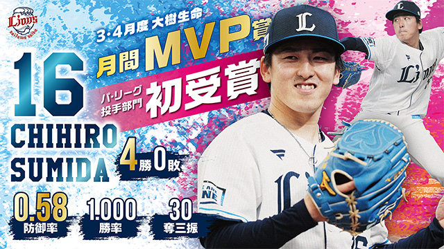 隅田知一郎投手が3、4月度大樹生命月間MVPを受賞！本日5/9(金)～『隅田知一郎投手 3、4月度月間MVP受賞記念グッズ』ライオンズストア オンラインにて受注スタート！                                                        NEW!