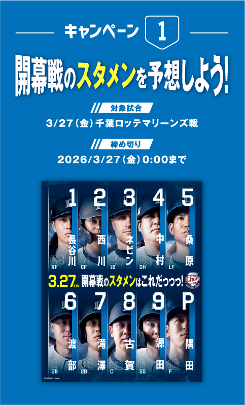 キャンペーン1 開幕戦のスタメンを予想しよう！ 対象試合 3/27（金）千葉ロッテマリーンズ戦 締め切り 2026/3/26（木）24:00まで 3.27開幕戦のスタメンはこれだっっっ！