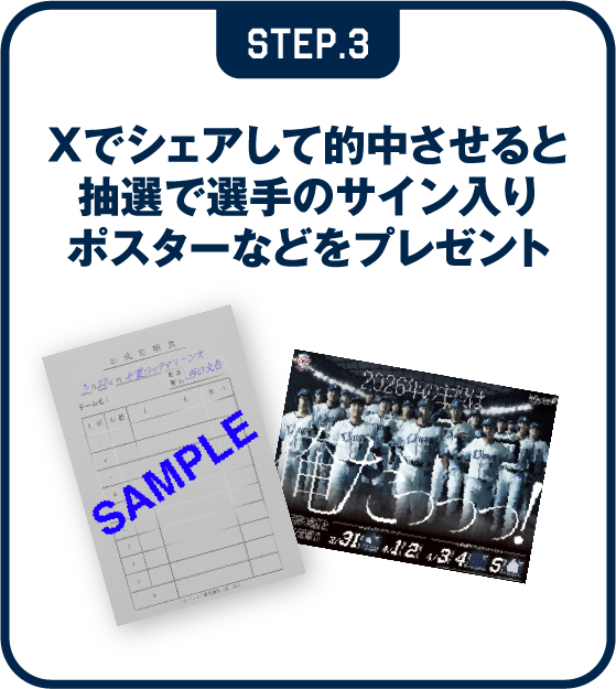 STEP.3 Xでシェアして的中させると抽選で選手のサイン入りポスターなどをプレゼント